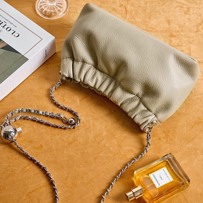 Luxury Women's Cloud Pleated Genuine Leather Shoulder Crossbody Bag with Golden Ball Chain