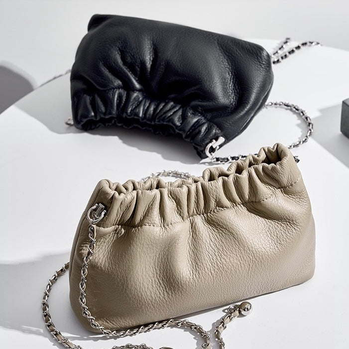 Luxury Women's Cloud Pleated Genuine Leather Shoulder Crossbody Bag with Golden Ball Chain