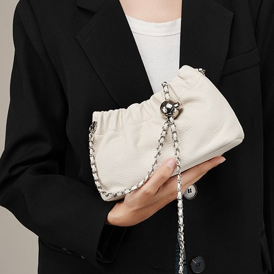 Luxury Women's Cloud Pleated Genuine Leather Shoulder Crossbody Bag with Golden Ball Chain