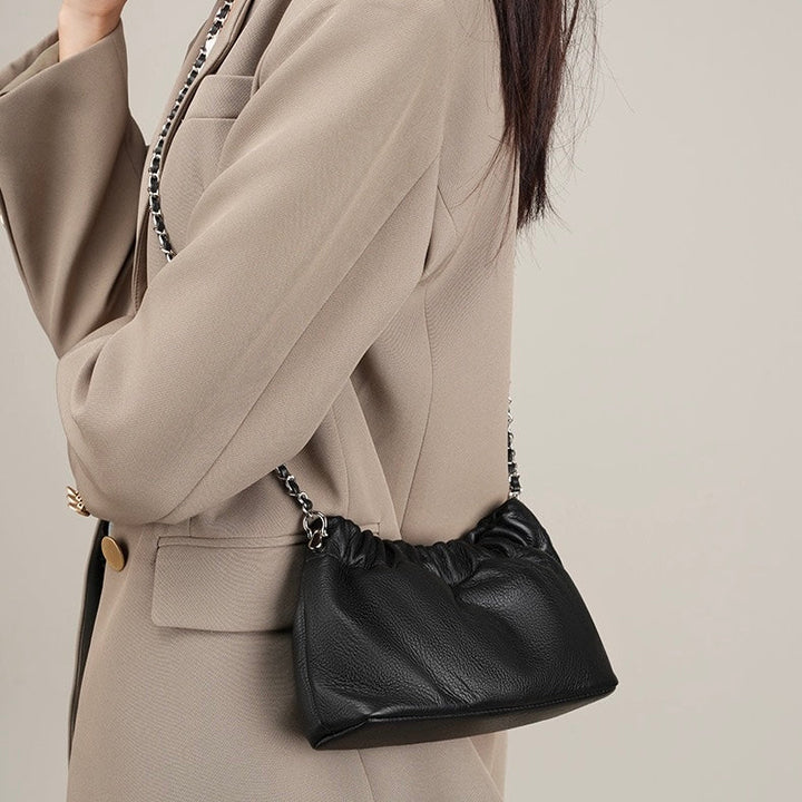 Luxury Women's Cloud Pleated Genuine Leather Shoulder Crossbody Bag with Golden Ball Chain