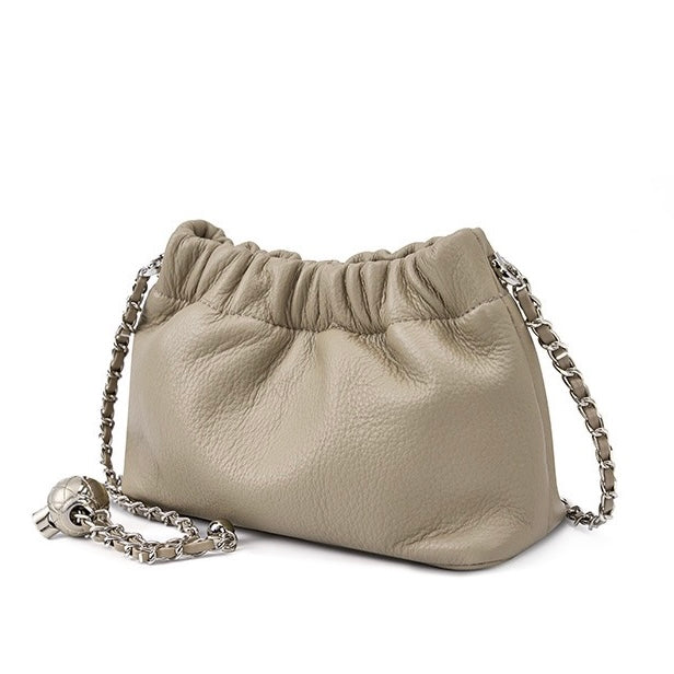 Luxury Women's Cloud Pleated Genuine Leather Shoulder Crossbody Bag with Golden Ball Chain