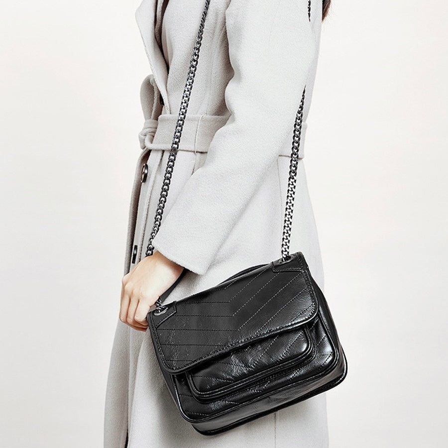 Women’s Genuine Leather Chain Detail Large Capacity Messenger Shoulder Bag