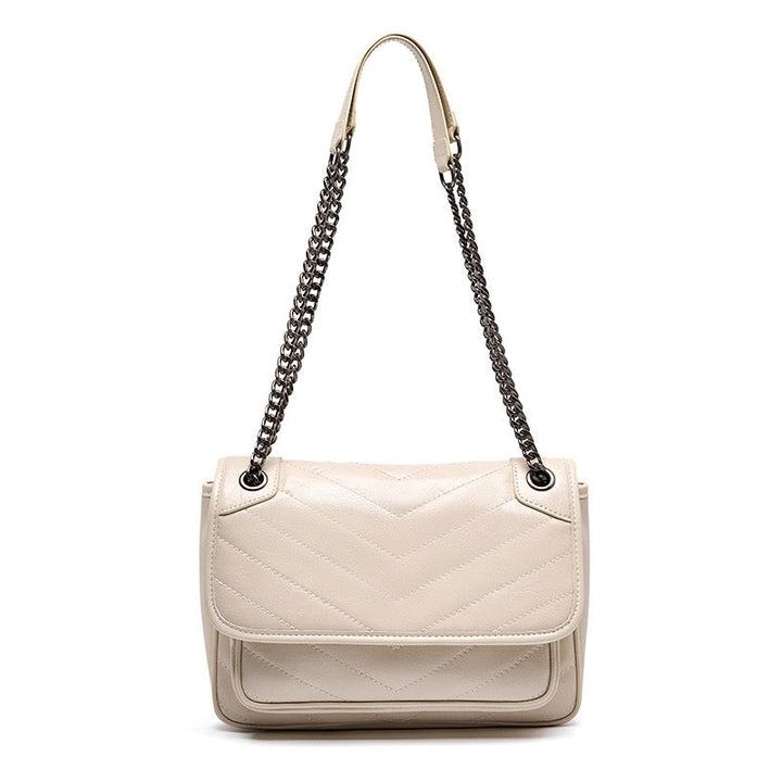 Women’s Genuine Leather Chain Detail Large Capacity Messenger Shoulder Bag