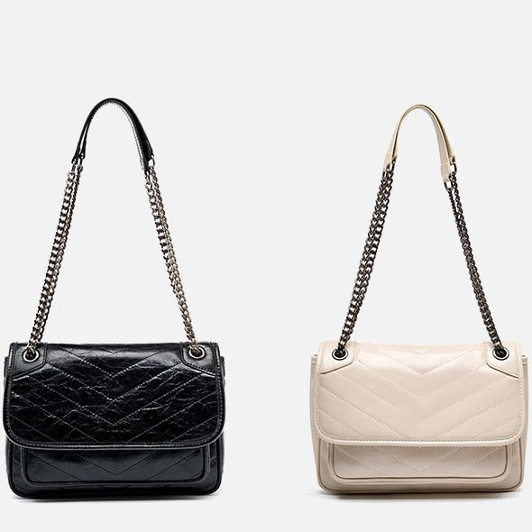 Women’s Genuine Leather Chain Detail Large Capacity Messenger Shoulder Bag