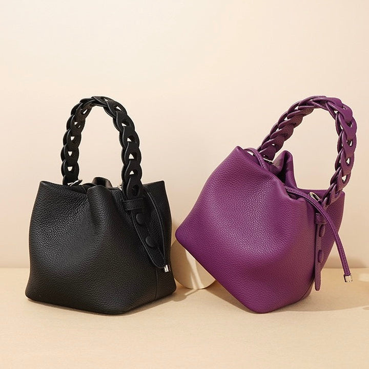 Women's Genuine Top-Grain Leather Versatile Commuting Bucket Bag Single-Shoulder Crossbody Elegant Handheld Bag