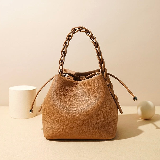 Women's Genuine Top-Grain Leather Versatile Commuting Bucket Bag Single-Shoulder Crossbody Elegant Handheld Bag