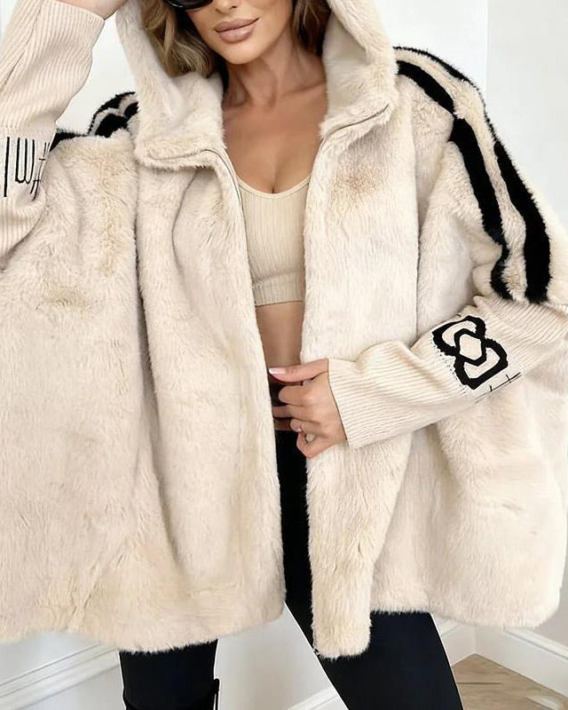 Elena - Vertical Stripe Printed Plush Hooded Coat