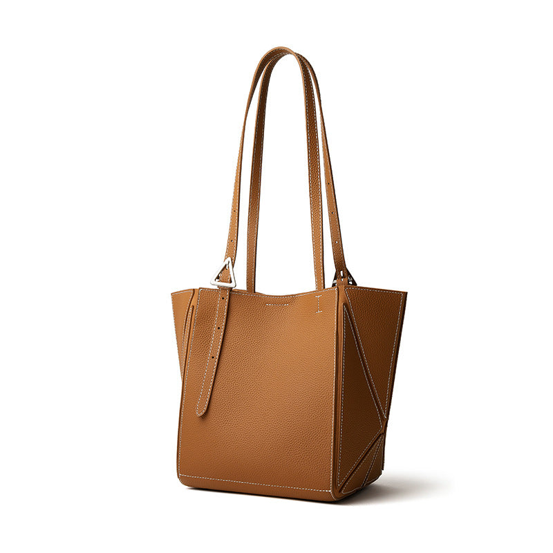 Women's Elegant Camel Textured Leather Shoulder Tote