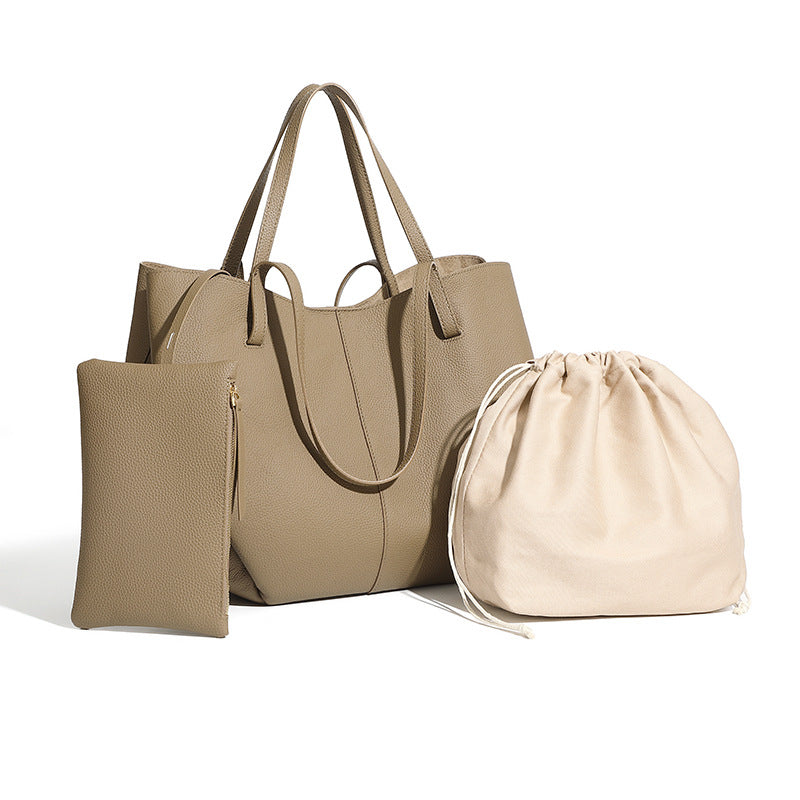 Elegant Genuine Pebbled Leather Tote Bag with Pouch