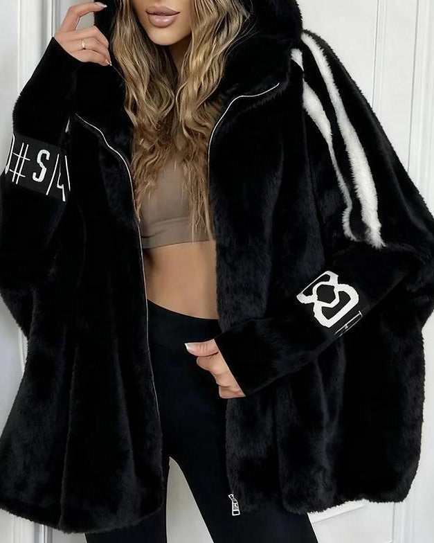 Elena - Vertical Stripe Printed Plush Hooded Coat