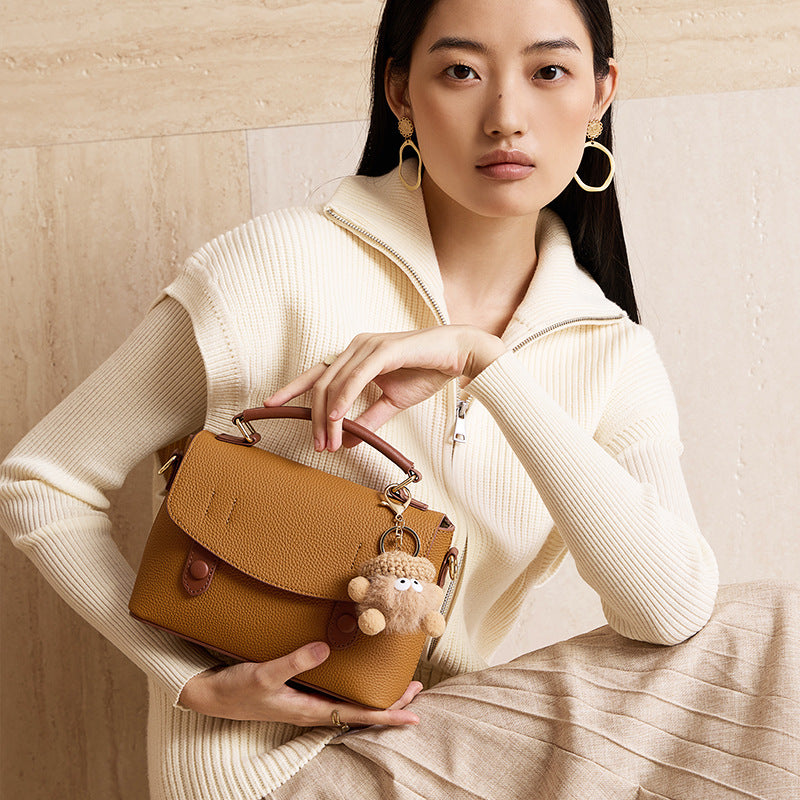 Women's Luxury Pebbled Leather Top-Handle Bag with Cloud Charm