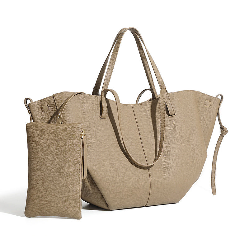 Elegant Genuine Pebbled Leather Tote Bag with Pouch