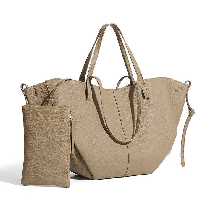 Elegant Genuine Pebbled Leather Tote Bag with Pouch