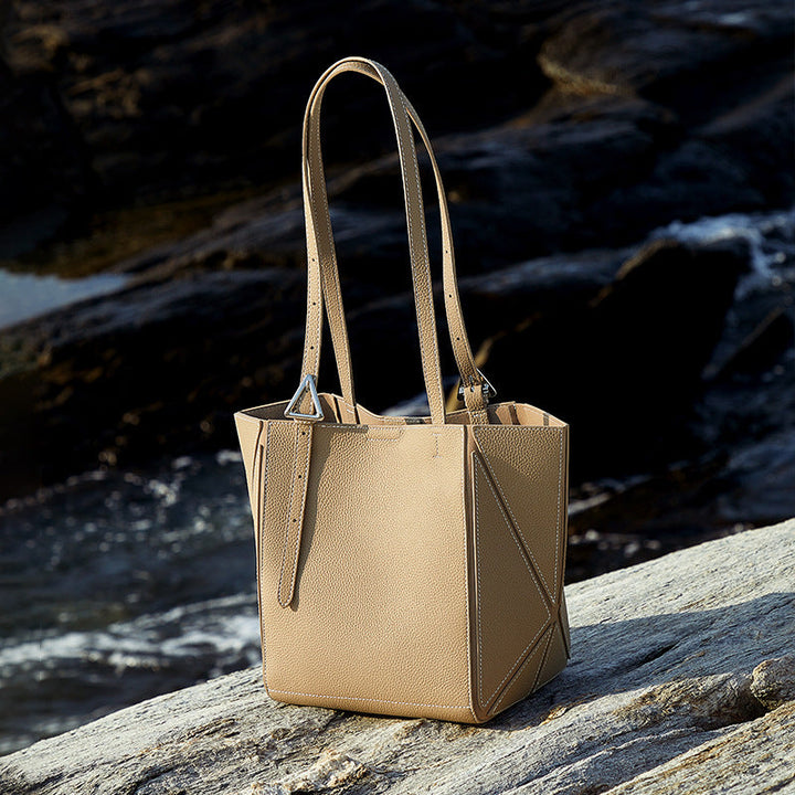 Women's Elegant Camel Textured Leather Shoulder Tote