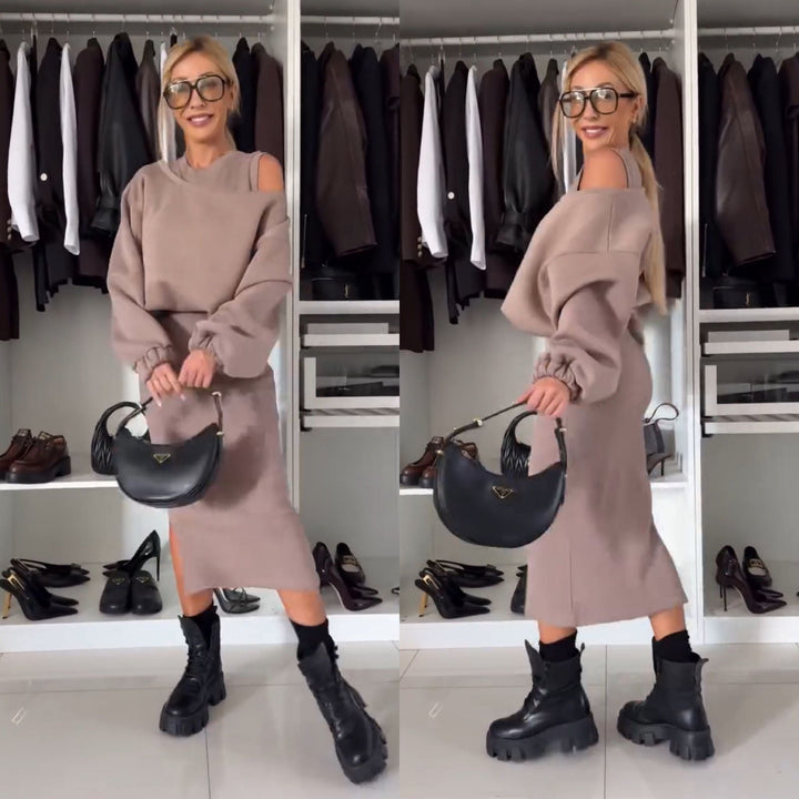 Leah Luxe | Cold-Shoulder Top and Midi Skirt Set