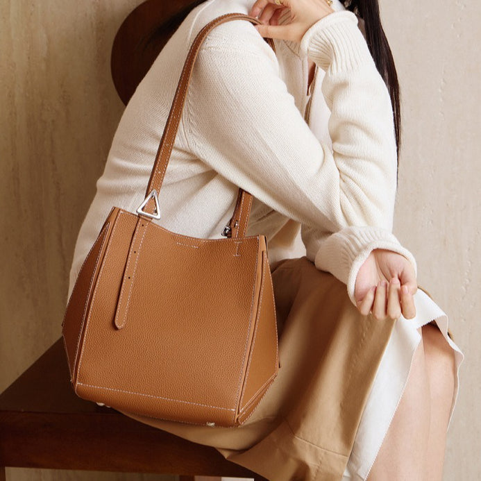 Women's Elegant Camel Textured Leather Shoulder Tote