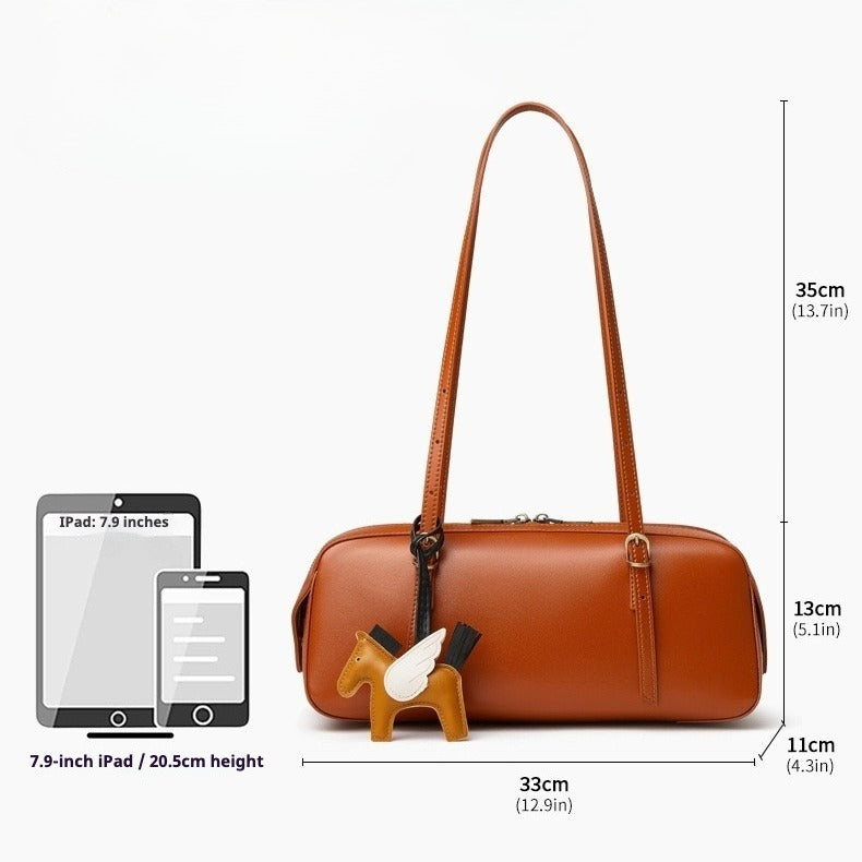 Women's Genuine Leather Retro Bowling Bag with Horse Charm
