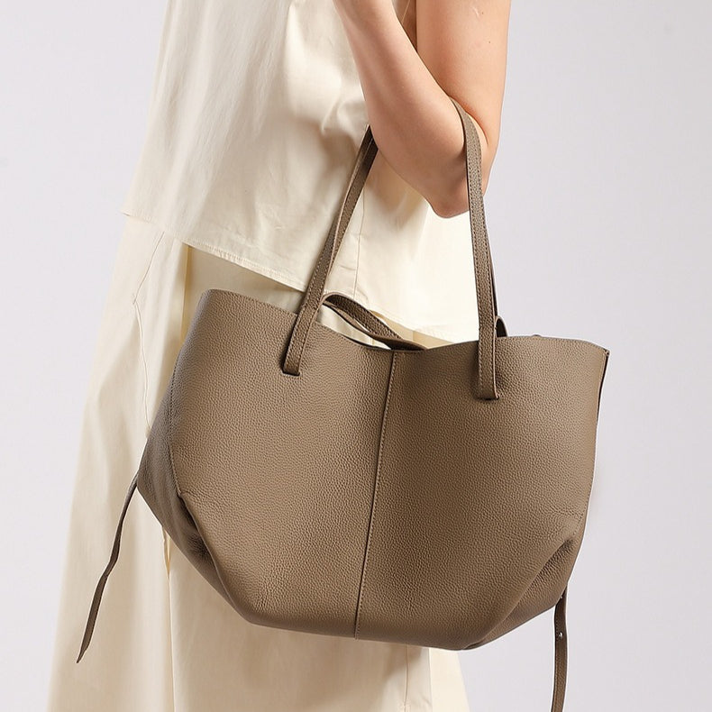 Elegant Genuine Pebbled Leather Tote Bag with Pouch