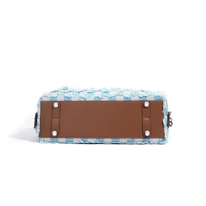 Women’s Genuine Leather Denim Patchwork Shoulder Bag – Vintage Artistic Style