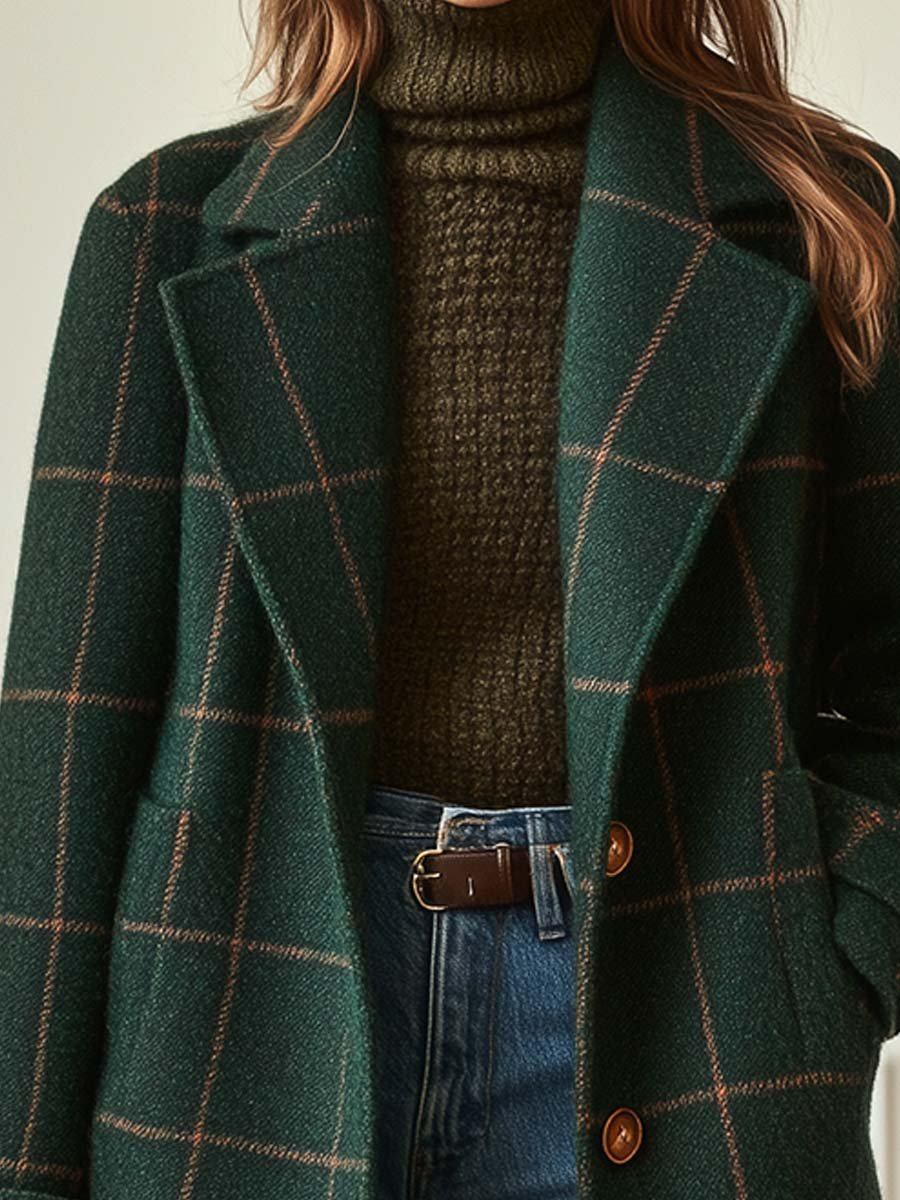 Fiona - Retro Lapel Plaid Tweed Coat