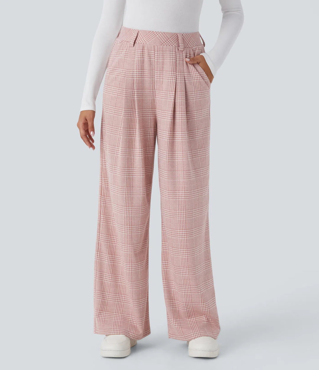 High Waisted - Pocket Wide Leg Houndstooth Plaid Casual Trousers