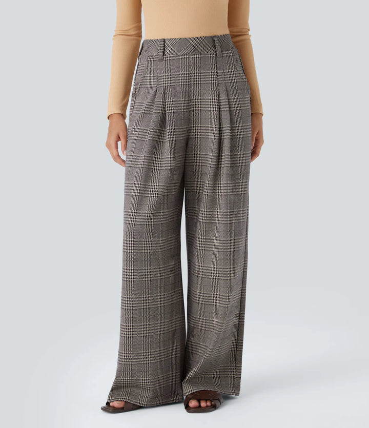 High Waisted - Pocket Wide Leg Houndstooth Plaid Casual Trousers