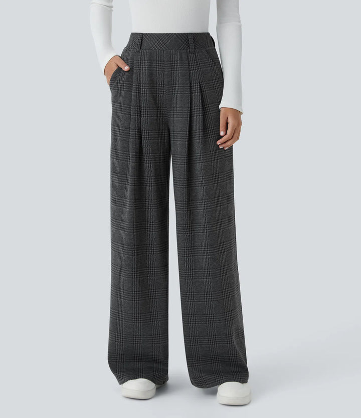 High Waisted - Pocket Wide Leg Houndstooth Plaid Casual Trousers