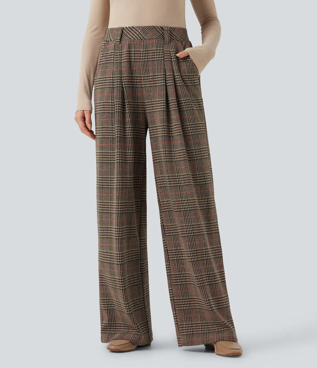 High Waisted - Pocket Wide Leg Houndstooth Plaid Casual Trousers