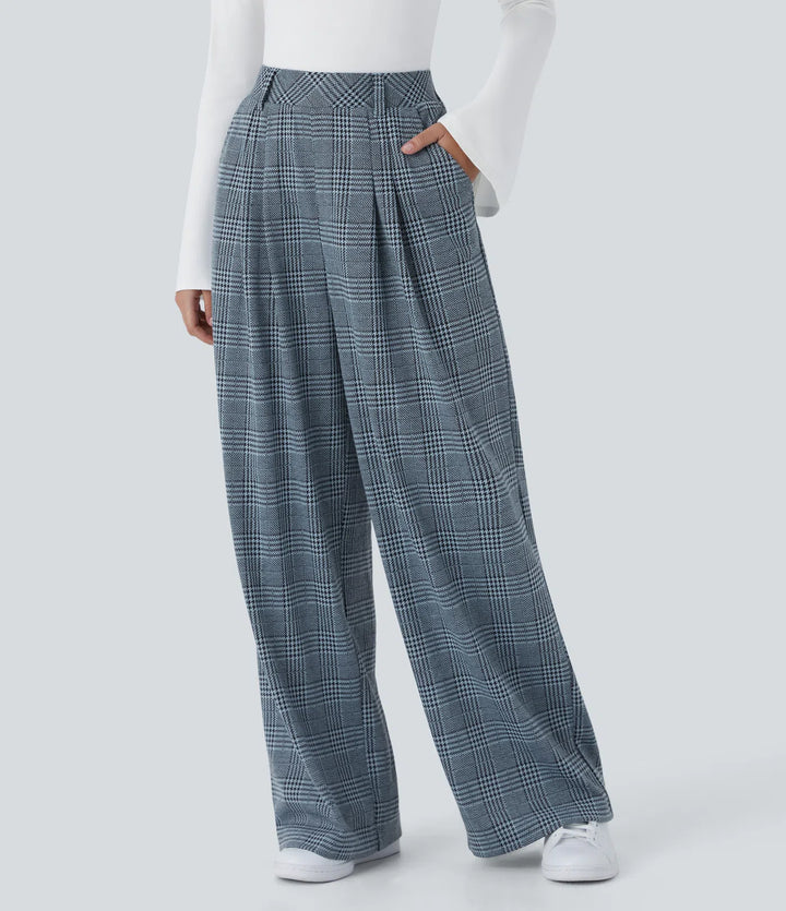 High Waisted - Pocket Wide Leg Houndstooth Plaid Casual Trousers