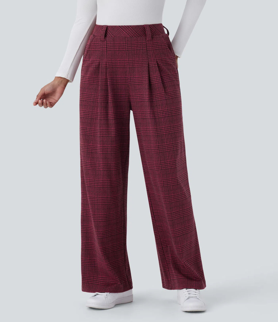High Waisted - Pocket Wide Leg Houndstooth Plaid Casual Trousers