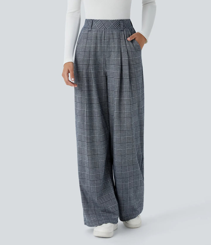 High Waisted - Pocket Wide Leg Houndstooth Plaid Casual Trousers