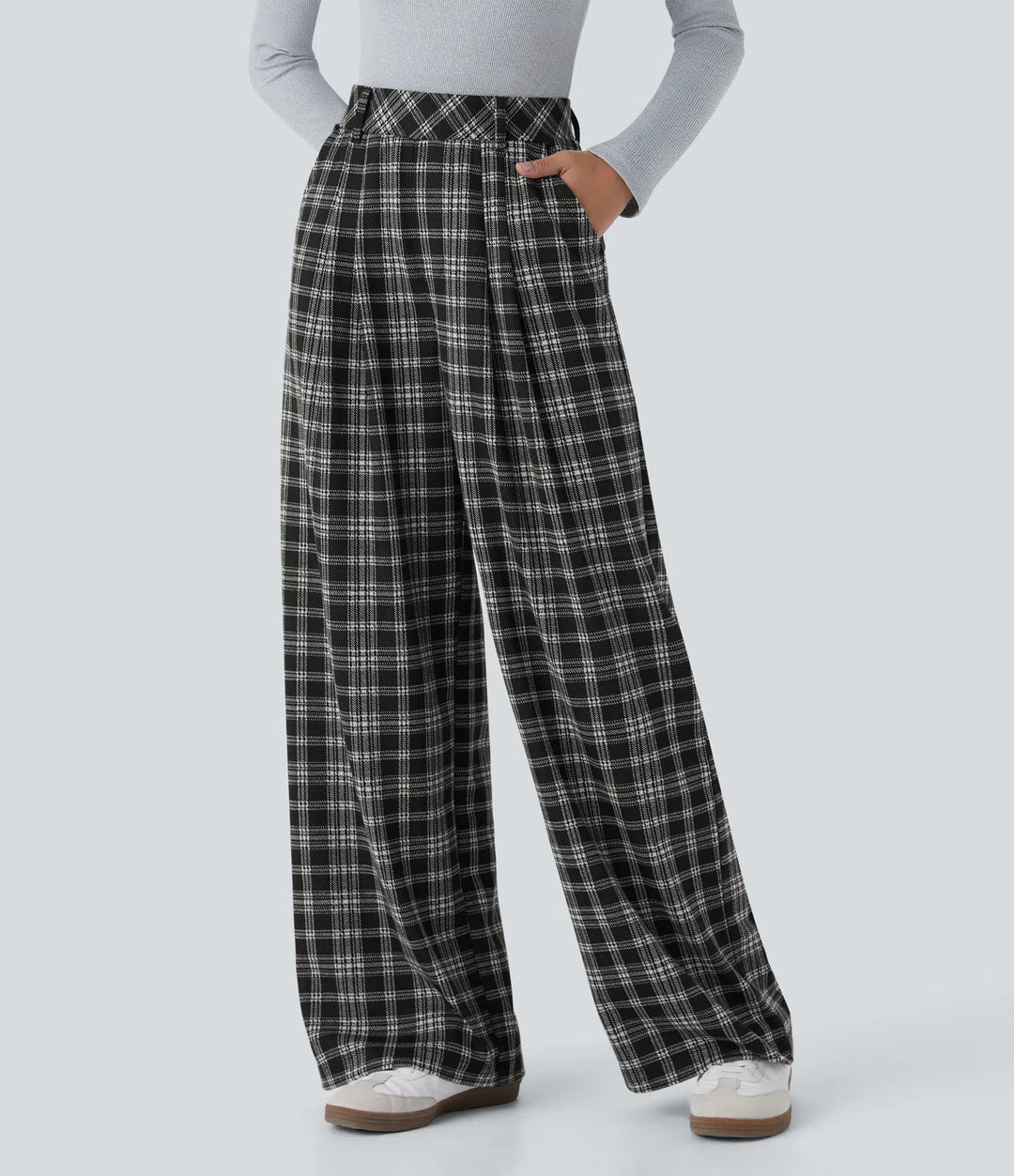 High Waisted - Pocket Wide Leg Houndstooth Plaid Casual Trousers