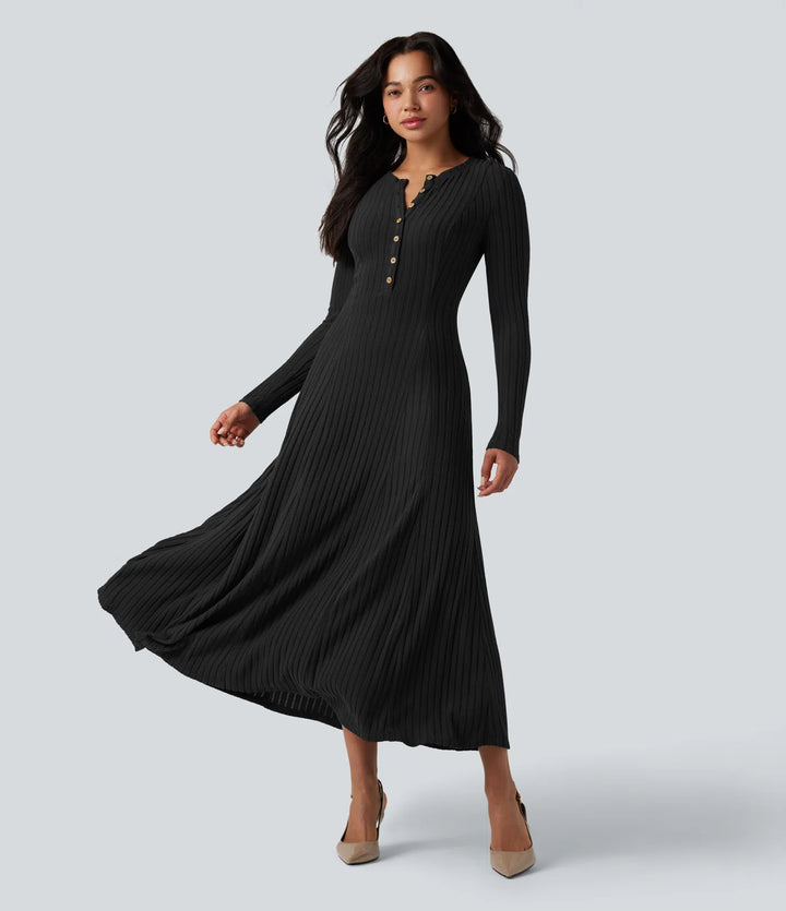 Ribbed Knit | Henley Neck Long Sleeve Flowy Maxi Casual Dress