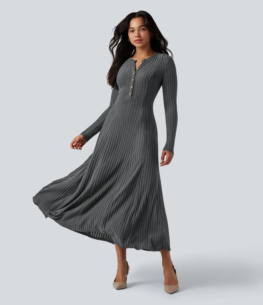 Ribbed Knit | Henley Neck Long Sleeve Flowy Maxi Casual Dress