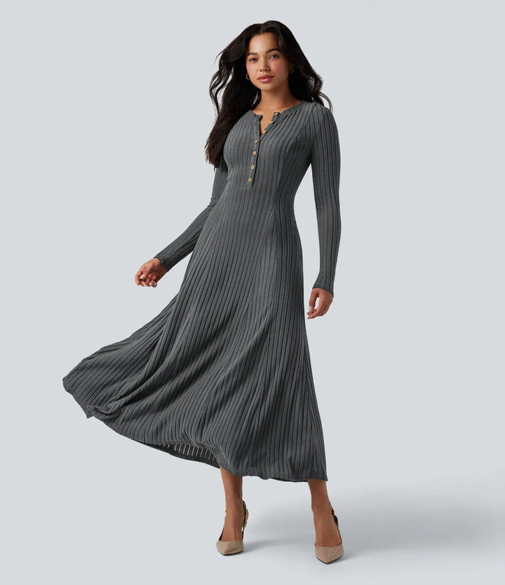 Ribbed Knit | Henley Neck Long Sleeve Flowy Maxi Casual Dress