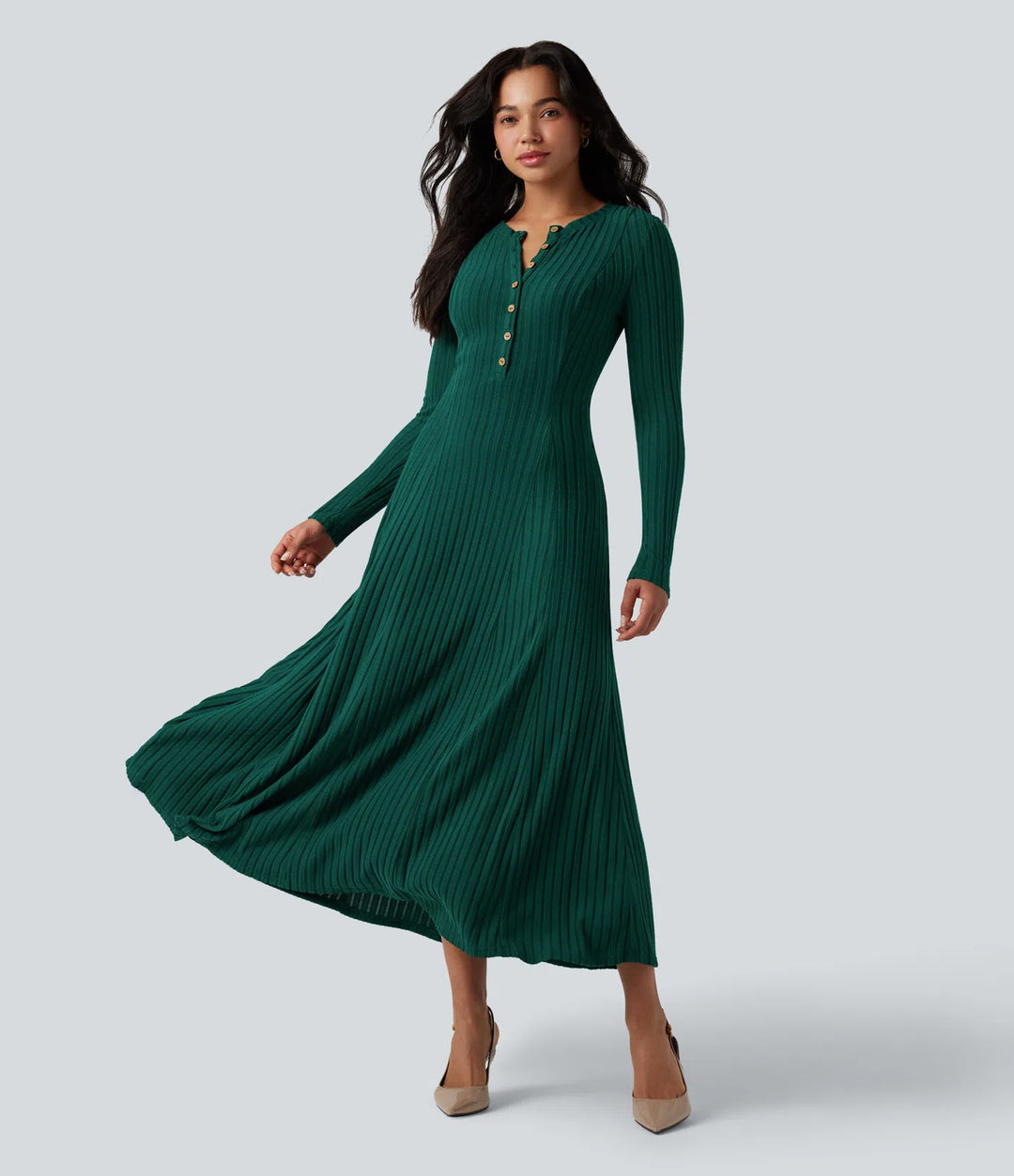 Ribbed Knit | Henley Neck Long Sleeve Flowy Maxi Casual Dress