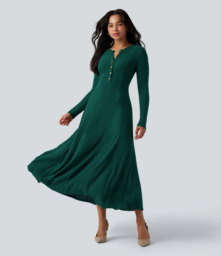 Ribbed Knit | Henley Neck Long Sleeve Flowy Maxi Casual Dress