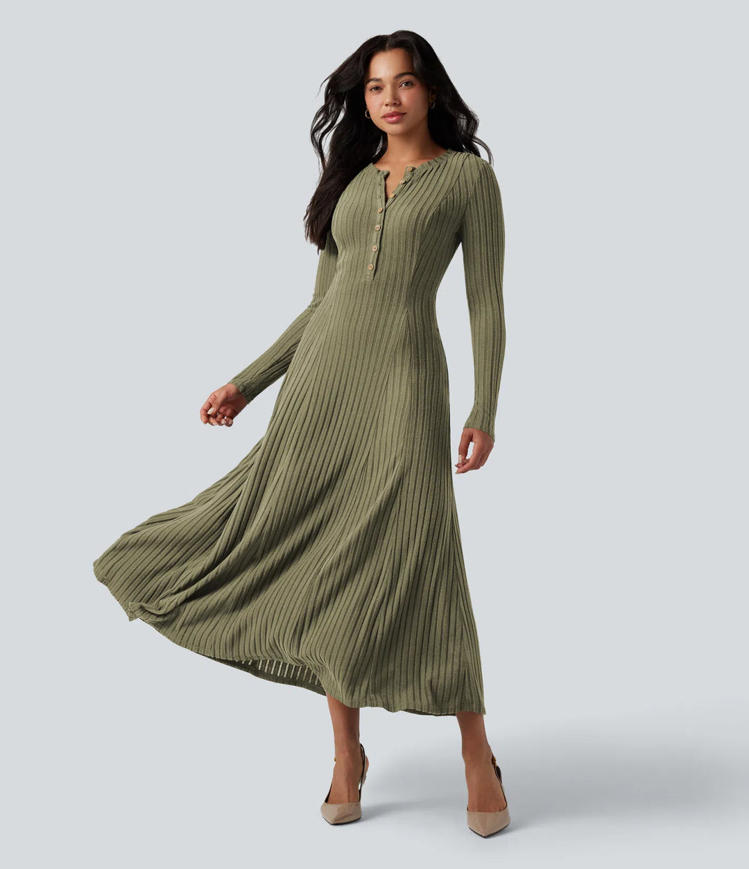 Ribbed Knit | Henley Neck Long Sleeve Flowy Maxi Casual Dress